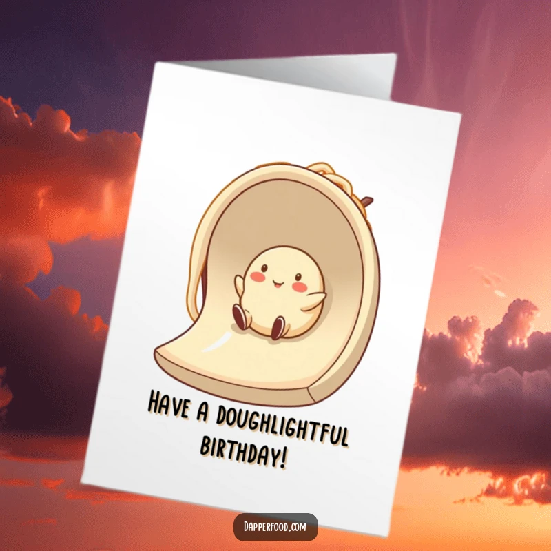 Funny Free Printable Dumpling Birthday Card: A smiling dumpling character gleefully sliding down a giant noodle slide, filled with birthday excitement.