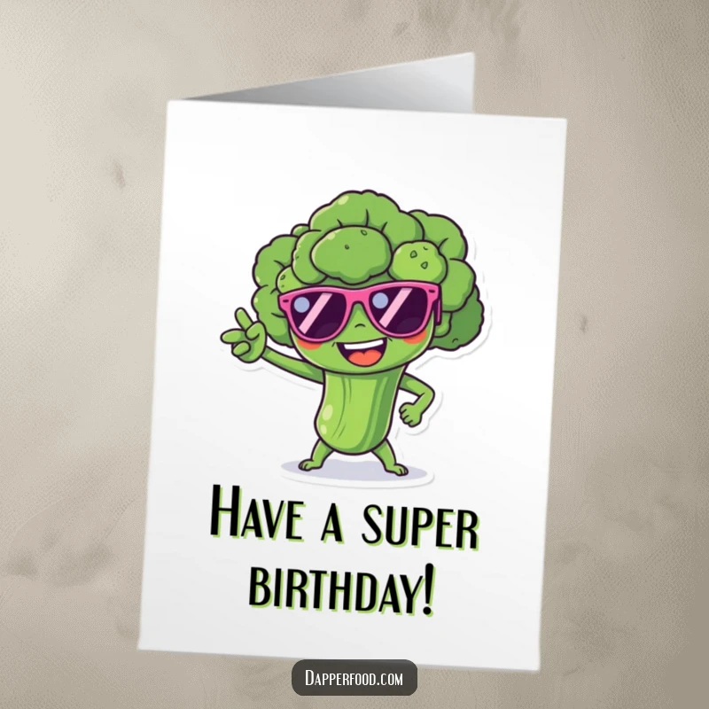 Funny Free Printable Birthday Card: Cheerful broccoli superhero in tiny sunglasses strikes a dramatic pose, ready to celebrate.