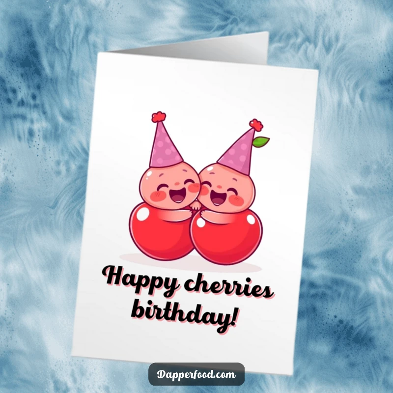Funny Free Printable Birthday Card: Giggling pair of cherries in tiny party hats sharing a joyful, exaggerated hug.