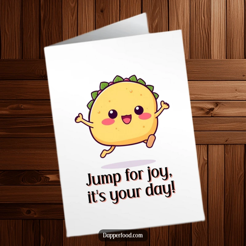 Funny Free Printable Birthday Card: A Kawaii taco with tiny legs joyfully leaping high in the air, celebrating enthusiastically.