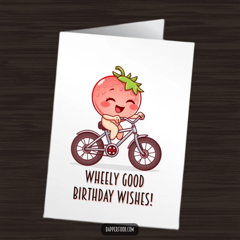 Funny Free Printable Birthday Card: Winking strawberry character wobbling on a tiny bicycle with square wheels, spreading cheer.