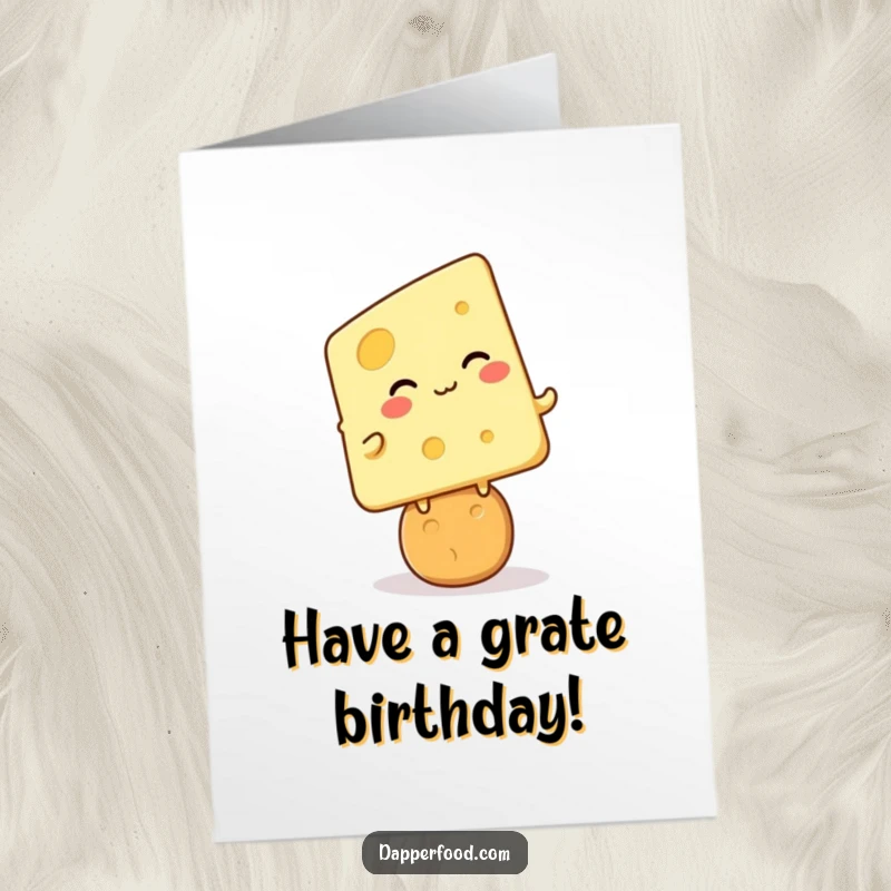 Funny Free Printable Birthday Card: A giggling Kawaii cheese slice precariously balanced on a cracker, pure delight. Downloadable art.