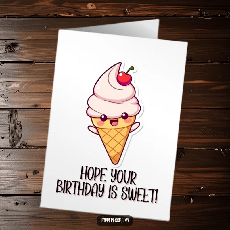 Funny Free Printable Birthday Card: A happy ice cream cone with cherry topping joyfully slides down a vibrant rainbow.