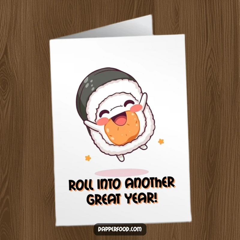 Funny Free Printable Birthday Card: Kawaii sushi roll in mid-somersault with a huge grin, pure joy. Downloadable art.