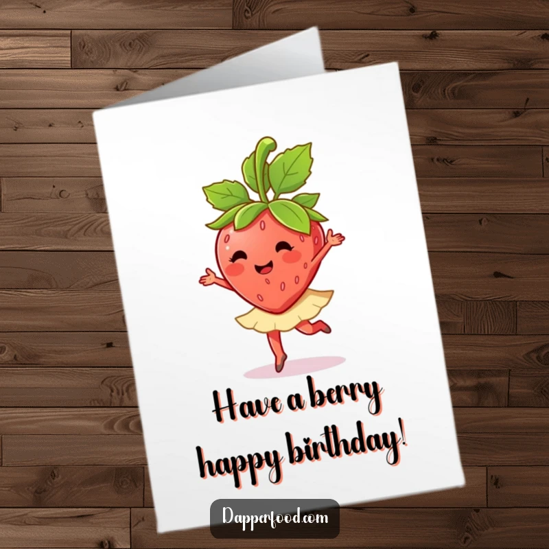 Funny Free Printable birthday card: Happy anthropomorphic strawberry character doing a ballet twirl with its green leaves, full of joy.
