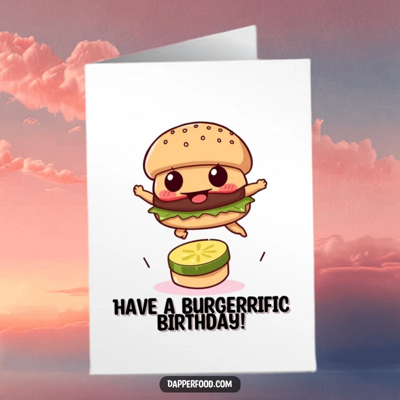 Funny Free Printable Birthday Card: Determined burger patty energetically leaping over a tiny pickle slice.