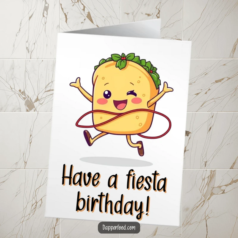 Funny Free Printable Taco Birthday Card: A cheerful taco character with legs joyfully jumping rope with a salsa strand, celebrating with energy.