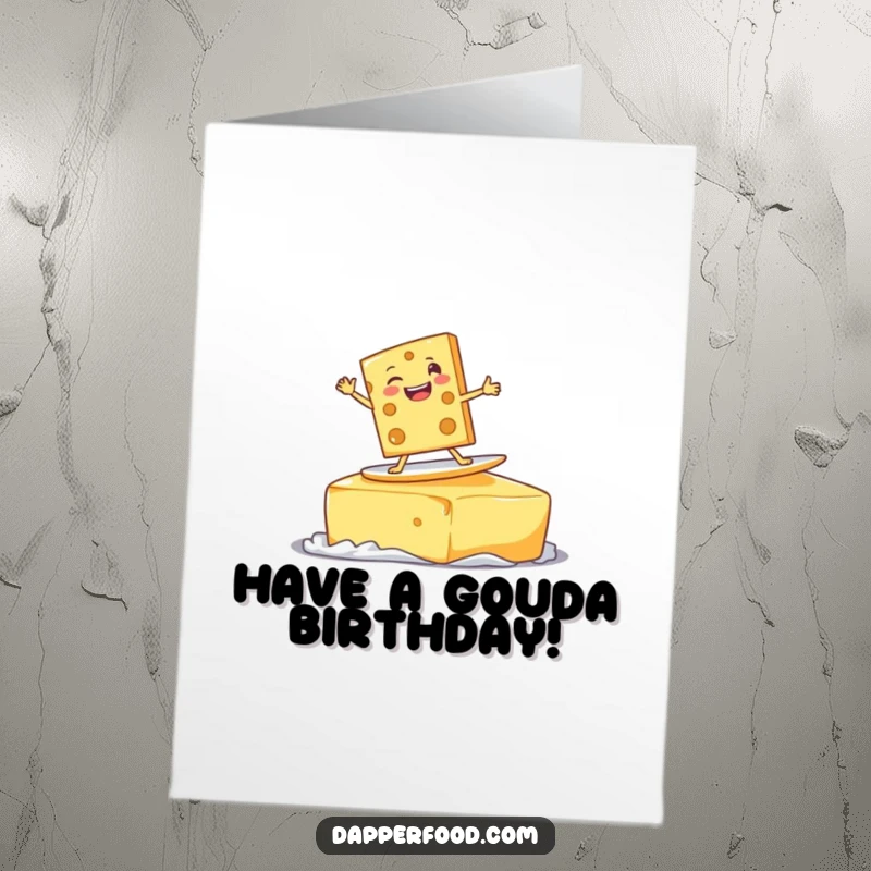 Funny Free Printable Birthday Card: Delighted cheese slice character surfing a giant butter pat with a goofy grin, celebrating.