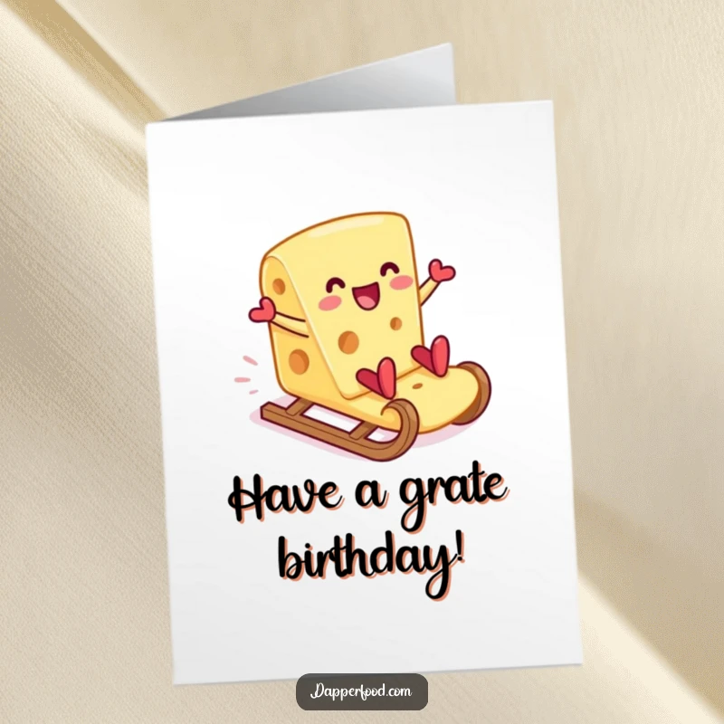 Funny Free Printable Birthday Card: A delighted cheese slice sledding down a giant cracker with joy.