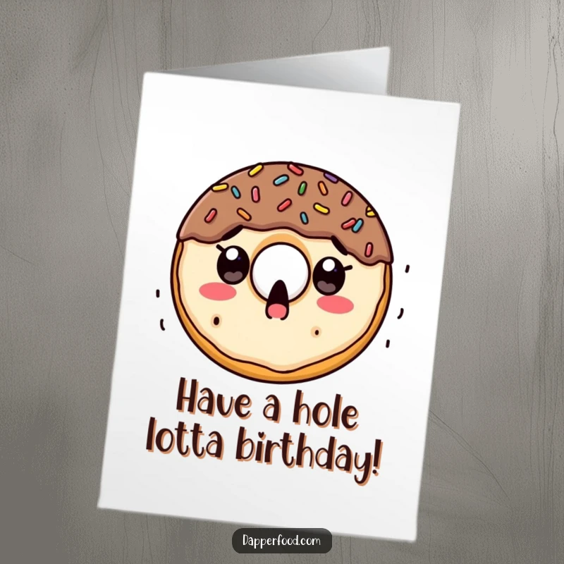 Funny Free Printable Birthday Card: Surprised doughnut character with sprinkles raining down, festive and happy art.