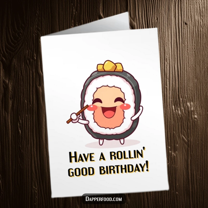 Funny Free Printable Birthday Card: A cheerful sushi character with a wide grin expertly juggling tiny chopsticks with glee