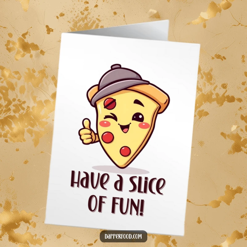 Funny Free Printable Birthday Card: A winking pizza slice with a jaunty hat attempting a playful handstand with gusto
