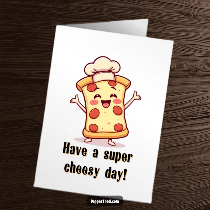 Funny free printable birthday card: A joyful pizza slice in a dramatic pose wearing a tiny chef hat, playful cartoon.