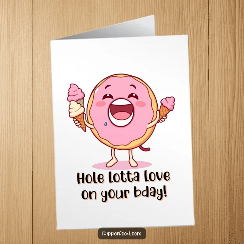 Funny Free Printable Birthday Card: A smiling donut character expertly juggling three melting ice cream cones, ready for celebration.