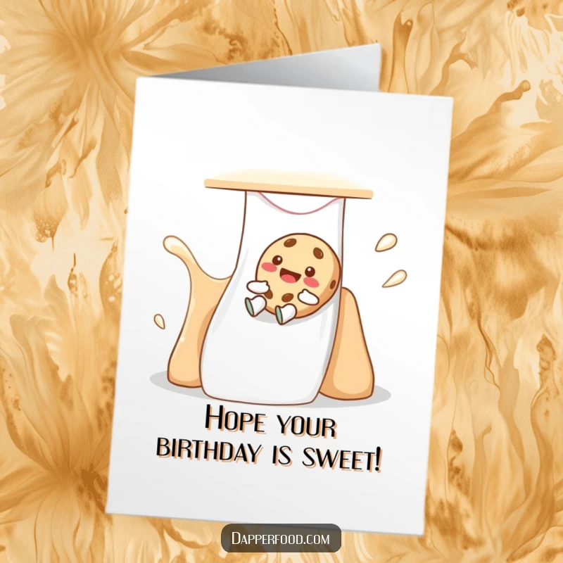 Funny Free Printable Birthday Card: Giggling cookie sliding down milk slide, cheerful digital greeting