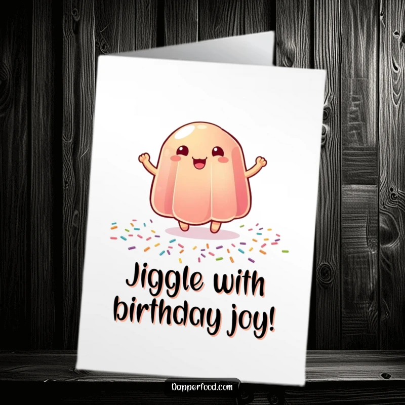 Funny Free Printable Birthday Card: A wobbly piece of jelly joyfully bouncing on sprinkles, celebrating a birthday, printable gift