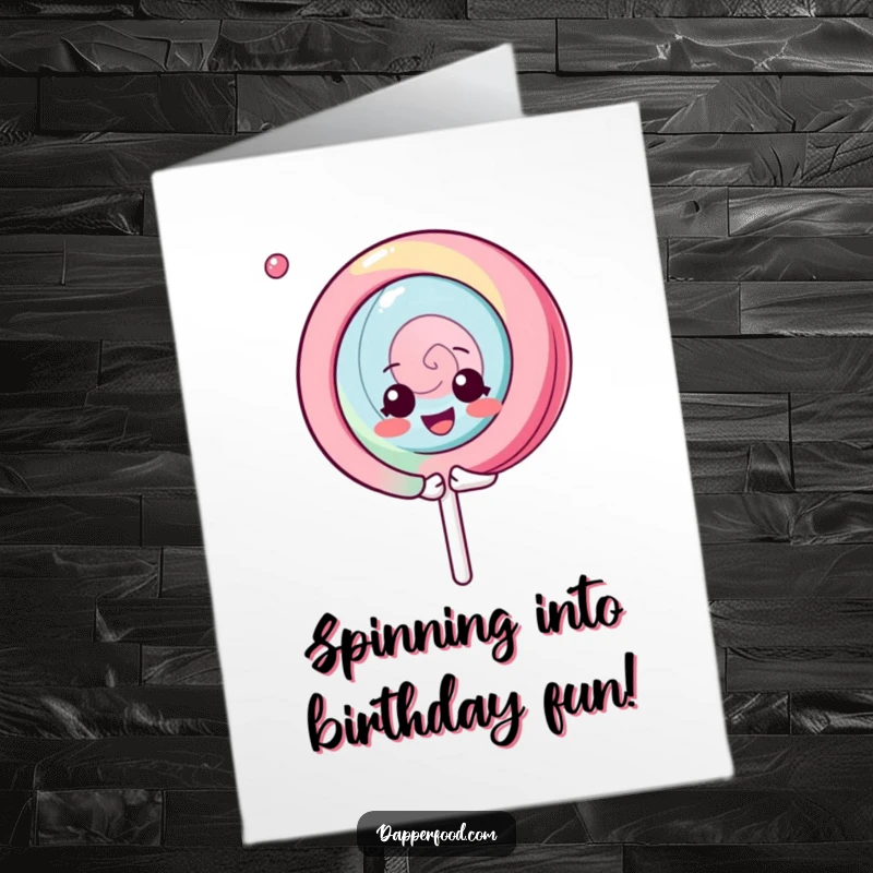 Funny Free Printable Birthday Card: Kawaii lollipop character spinning gleefully with a happy expression, festive.