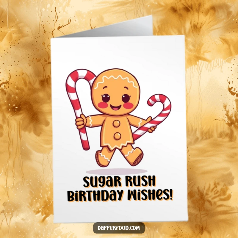 Funny free printable birthday card featuring a gingerbread man with arms running joyfully with a giant candy cane.