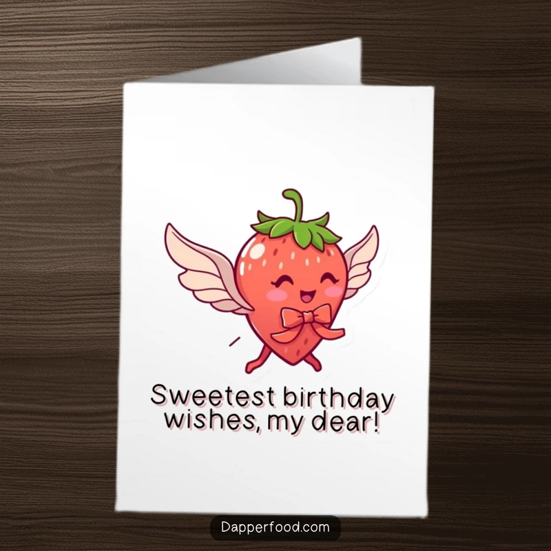 Funny Free Printable Birthday Card: A delightful strawberry with wings and a ribbon attempts to fly, ready for birthday joy.