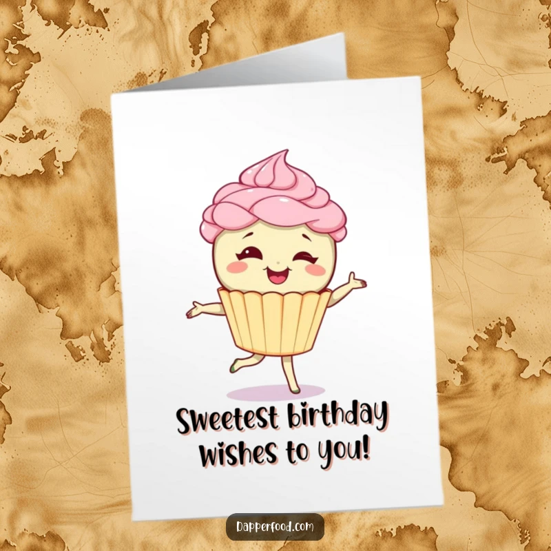 Funny Free Printable Birthday Card: A giggling cupcake character with frosting hair gracefully doing a pirouette with joy