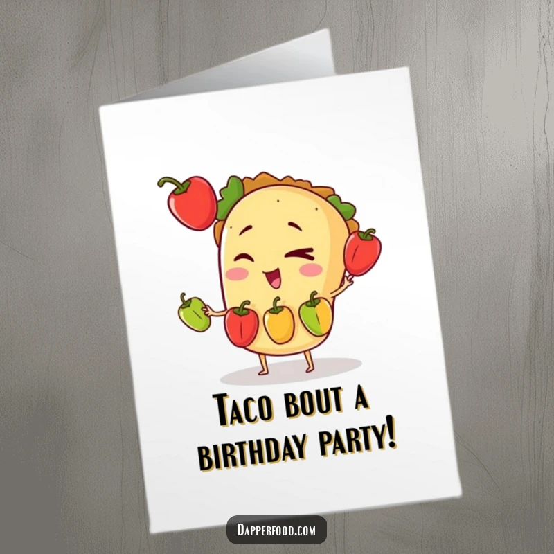 Funny Free Printable Birthday Card: Winking taco character juggling three tiny bell peppers, festive and playful art.