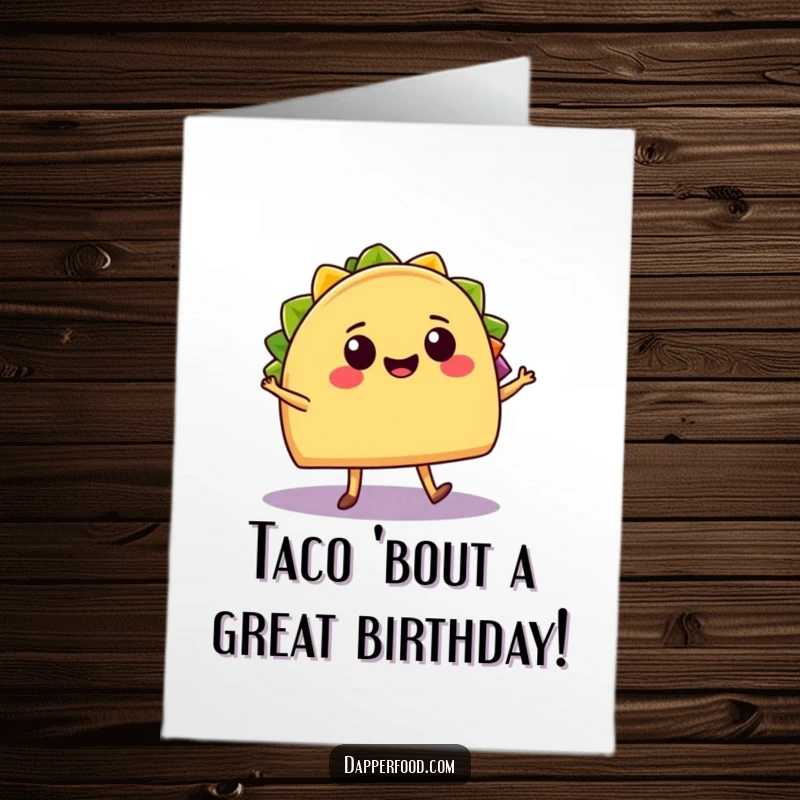 Funny free printable birthday card: a cheerful taco with legs salsa dances energetically with a smiling burrito, celebrating with Mexican flair.