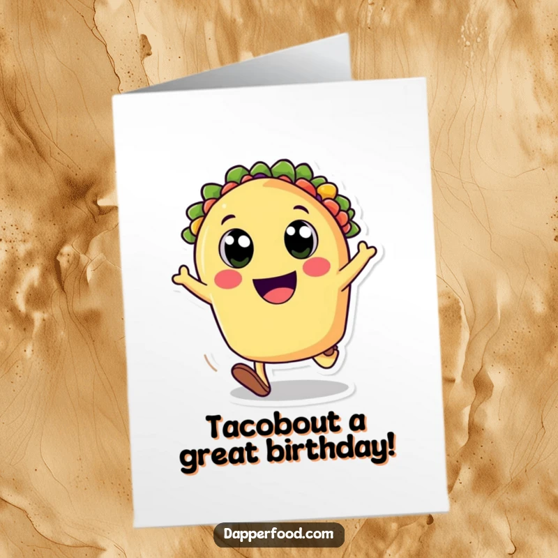 Funny Free Printable Birthday Card: A joyful taco with big eyes cartwheeling with pure, unadulterated happiness