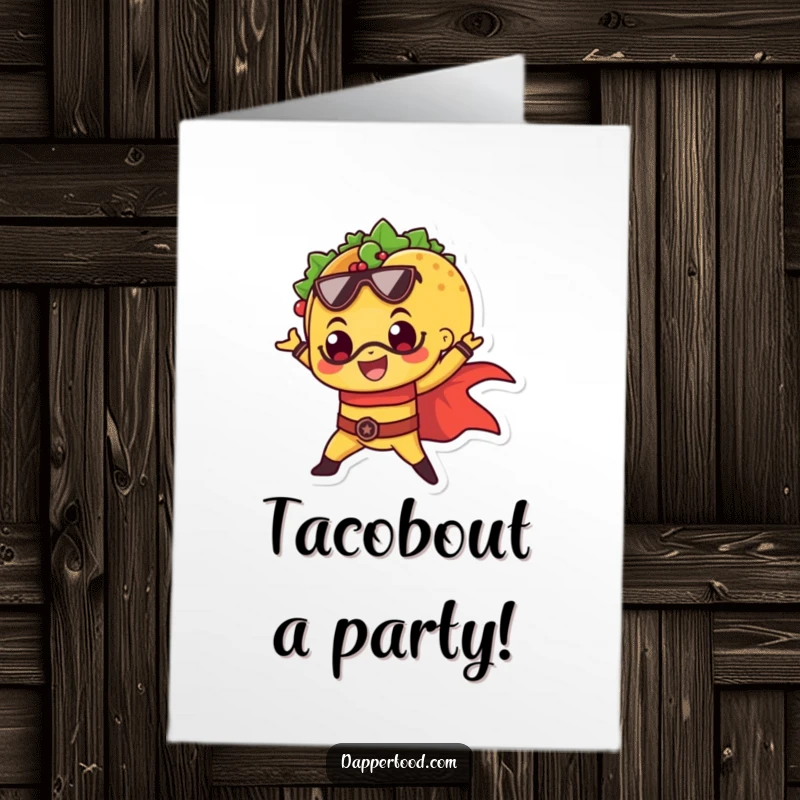 Funny Free Printable Birthday Card: A cheerful taco striking a superhero pose, ready to save the day, printable gift