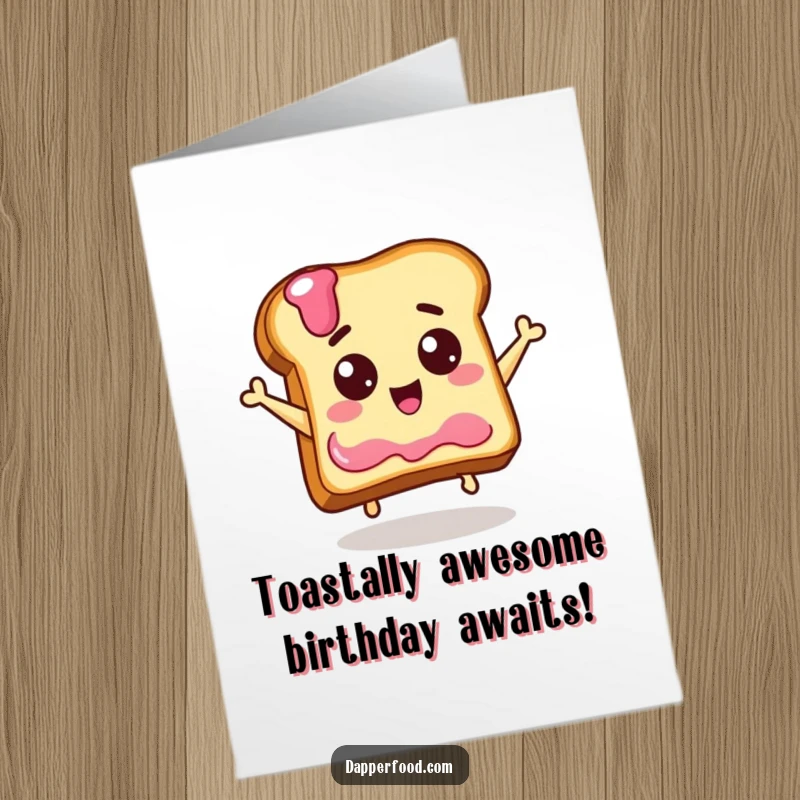 Funny Free Printable Birthday Card: Happy Toast Leaping Towards a Jar of Jelly with Joyful Eyes