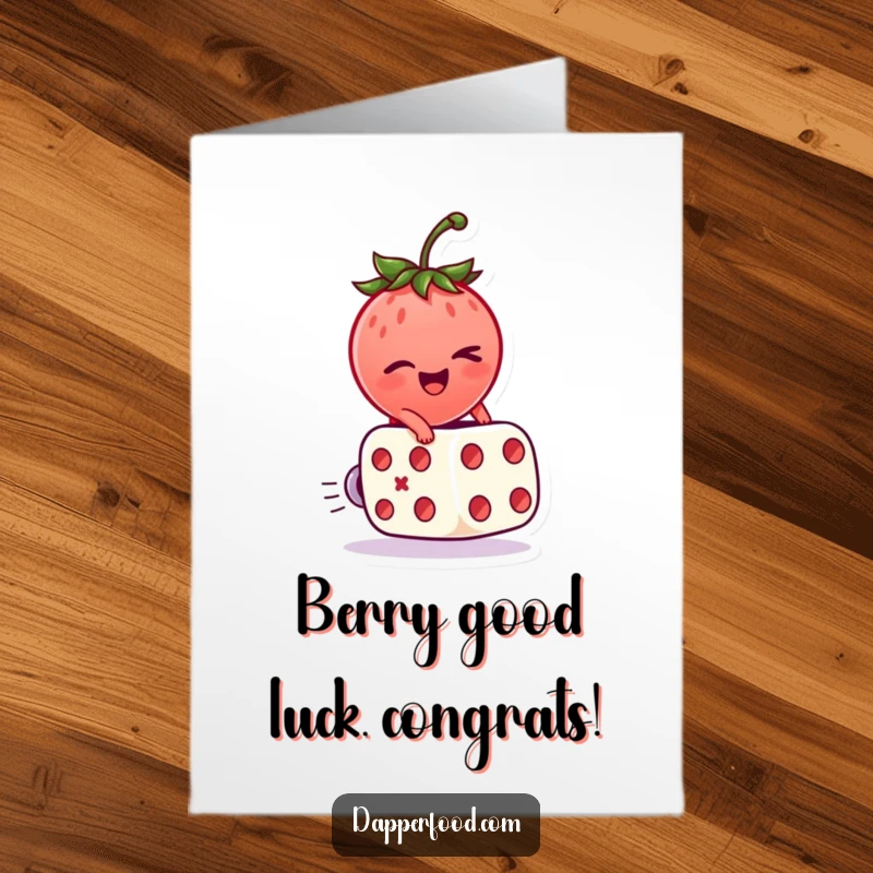 Funny Free Printable Congratulations Card: A winking strawberry rides a rolling dice, celebrating good fortune.