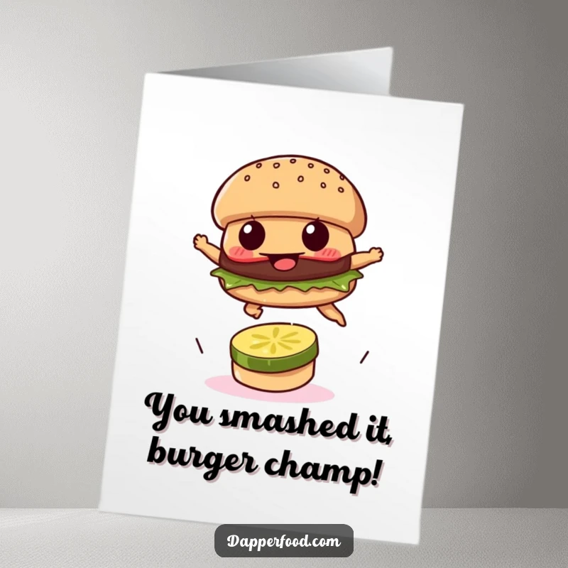 Funny Free Printable Congratulations Card: A determined burger patty mid-leap over a tiny pickle.