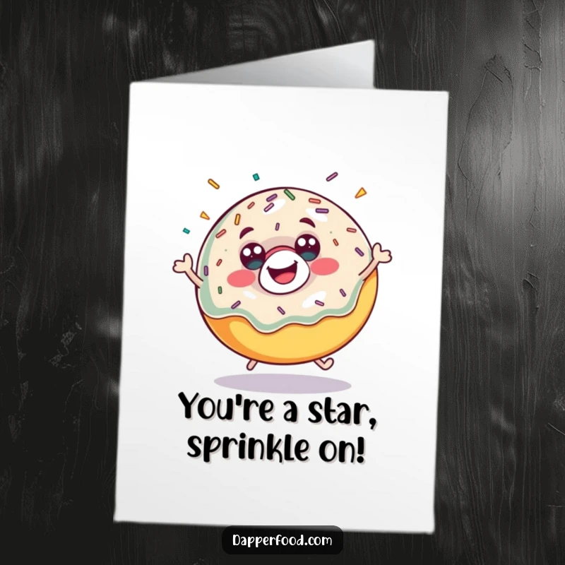 Funny Free Printable Congratulations Card: An enthusiastic donut bouncing high with sprinkles flying.