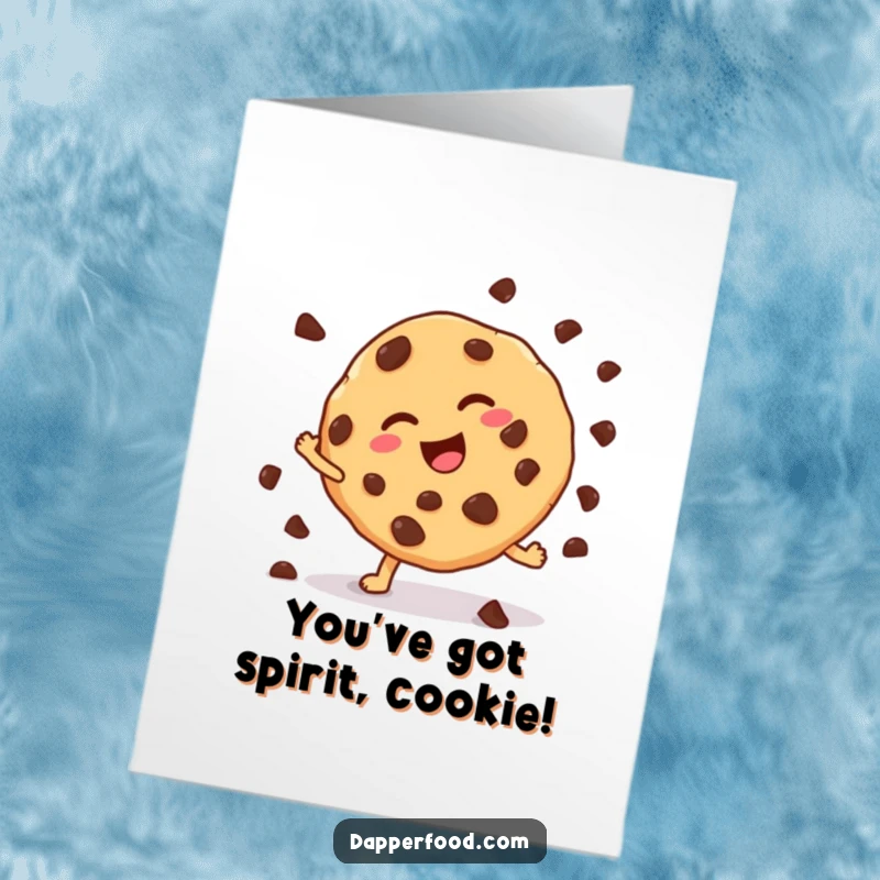 Funny Free Printable Congratulations Card: A cookie attempting a cartwheel, chocolate chips scattering dynamically.