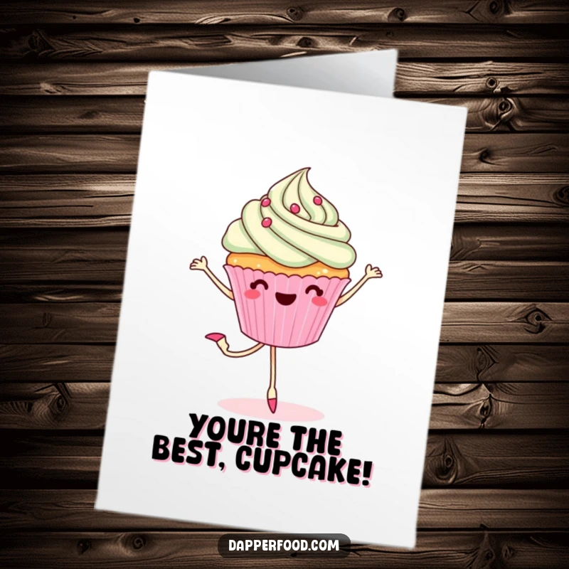 Funny Free Printable Congrats Card: Happy Cupcake with Legs Doing a Ballet Pirouette, Celebrating Success