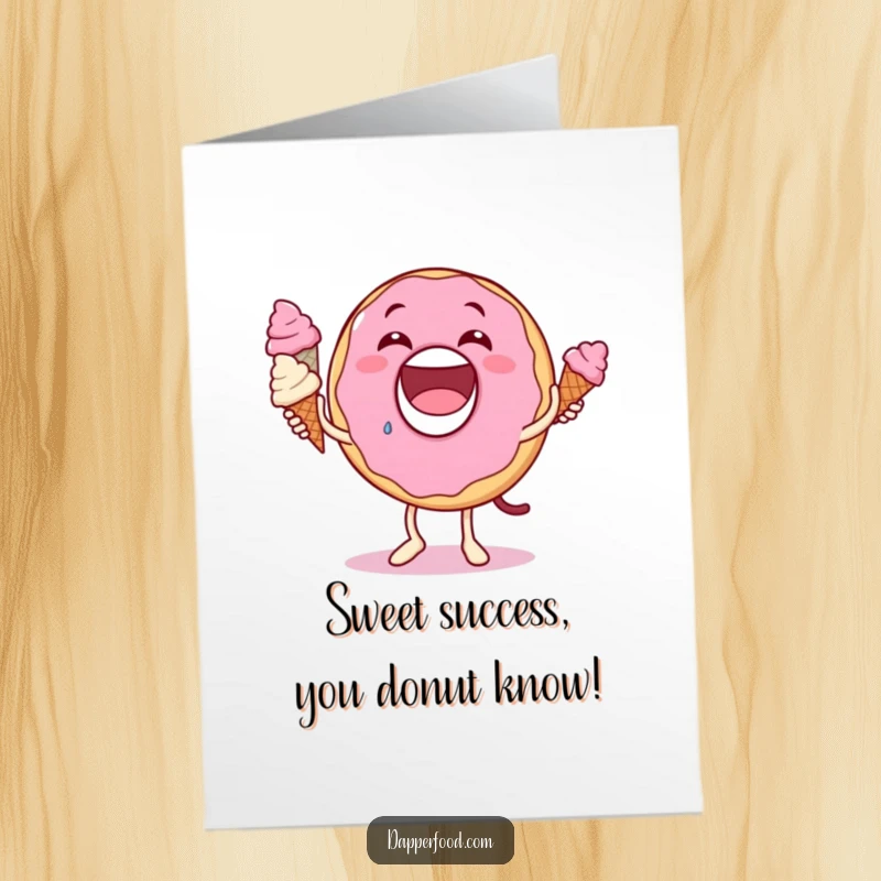 Funny Free Printable Congratulations Card: A happy donut juggling three colorful ice cream cones, celebrating a fantastic achievement.