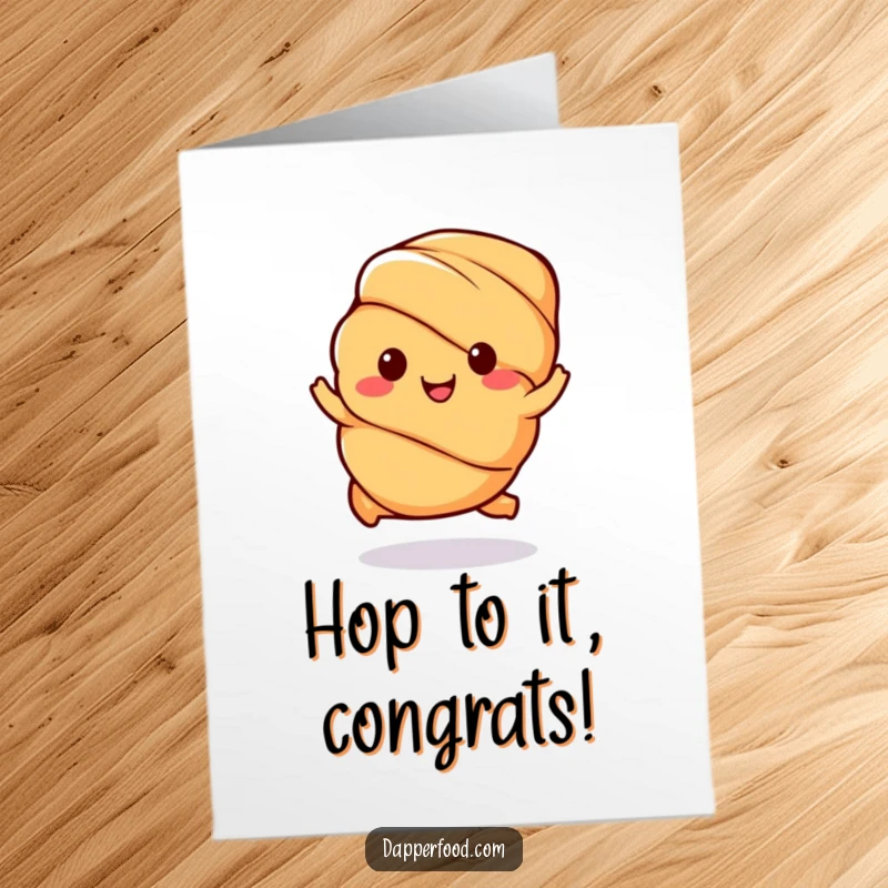 Funny Free Printable Congrats Card: Kawaii croissant character hopping with happiness, a delightful celebration.