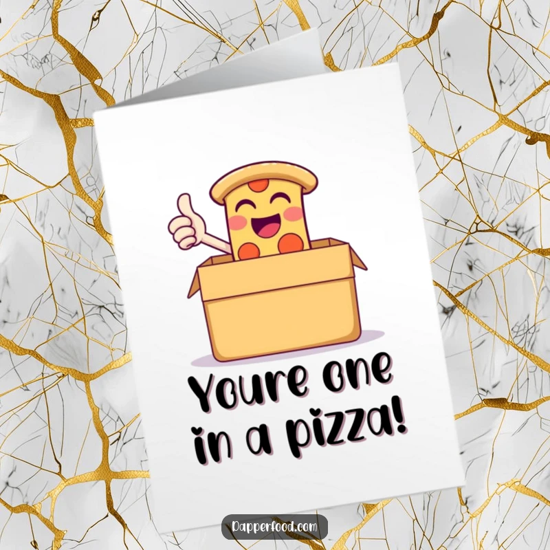 Funny Free Printable Congratulations Card: Giggling pizza slice gives a thumbs-up from a box, celebrating success.
