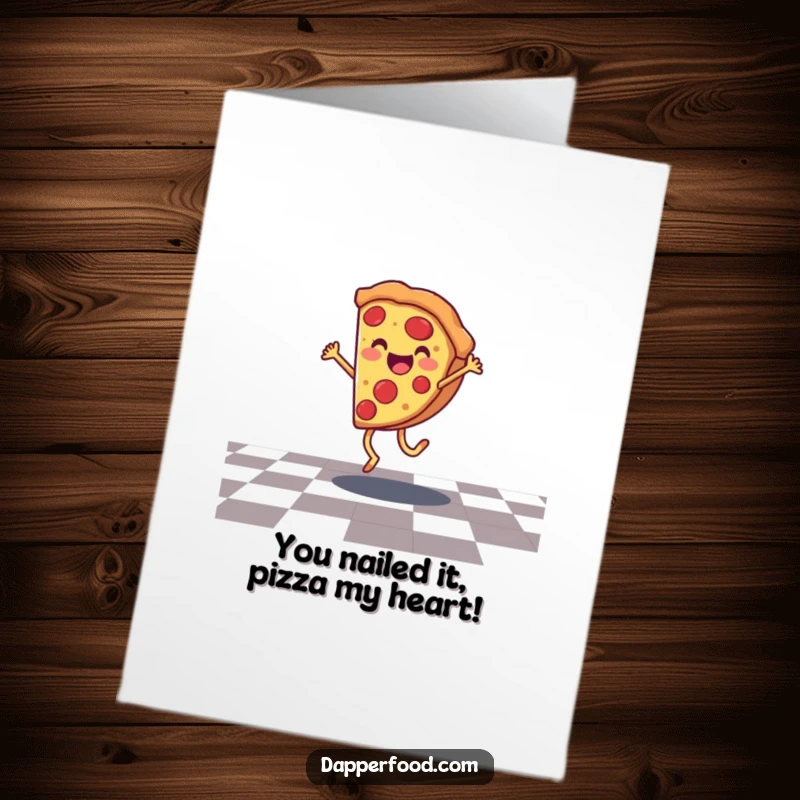 Funny Free Printable Congrats Card: Happy pizza slice cartwheeling, checkered floor, cheerful congrats digital card