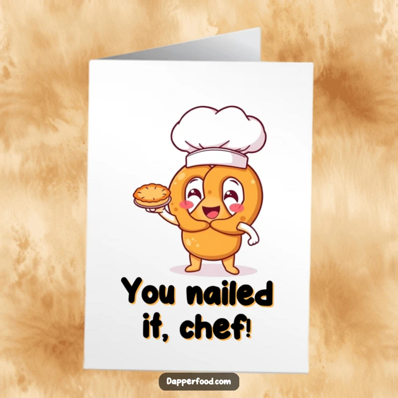 Funny Free Printable Congrats Card: Pretzel character in an oversized chef hat proudly presents a miniature pie, celebrating success.