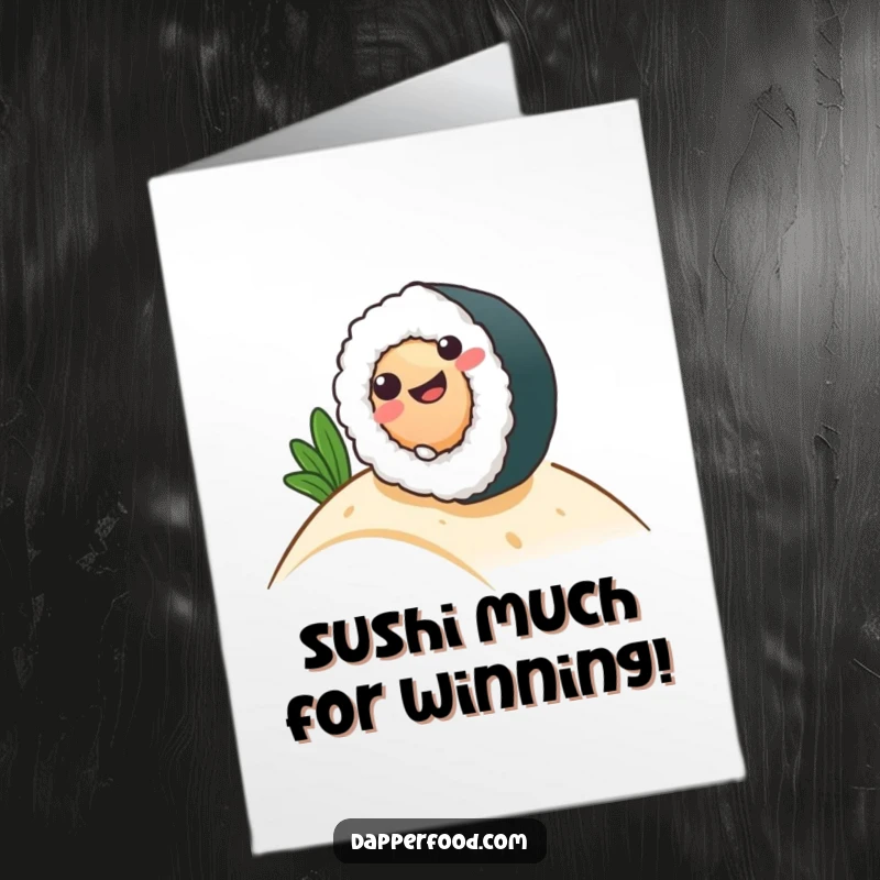 Funny Free Printable Congratulations Card: A happy sushi roll character joyfully rolls down a hill to celebrate.