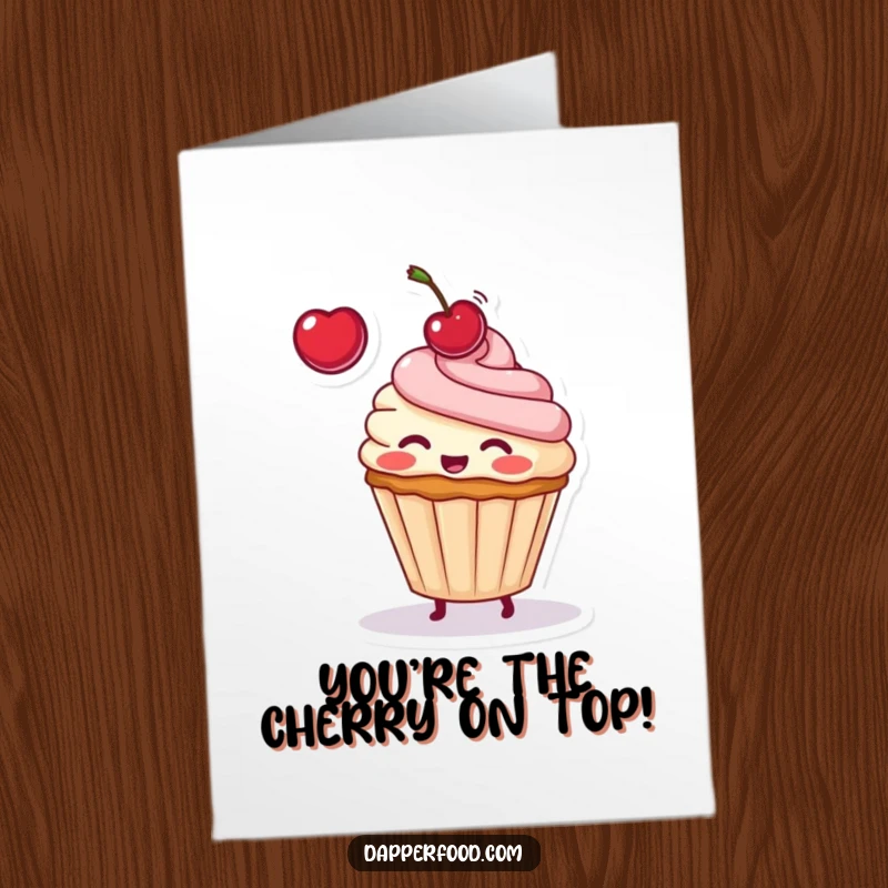 Funny Free Printable Congrats Card: Blushing cupcake tossing a cherry in the air, celebrating success, downloadable art.