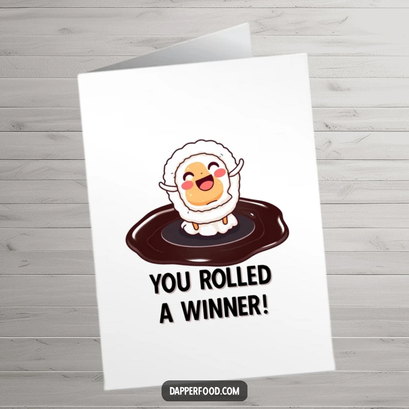 Funny Free Printable Congratulations Card: A sushi roll cartwheeling in soy sauce, celebrating a major win, perfect for DIY gifting