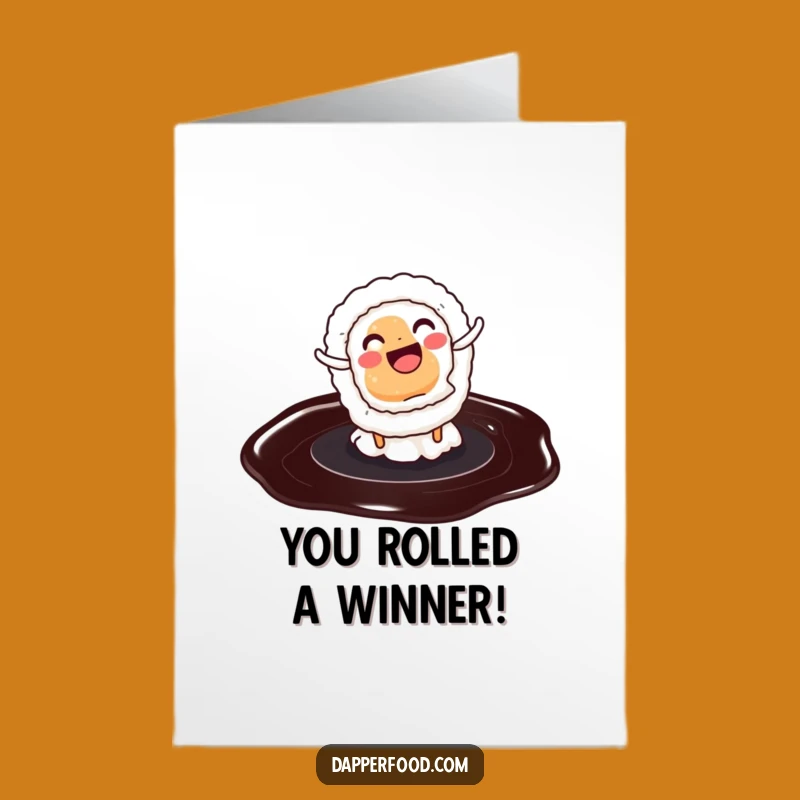 Free Printable Congratulations Card: Sushi Cartwheel Victory, Humorous Downloadable Greeting for Big Wins