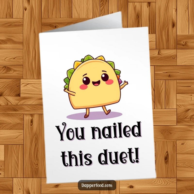 Funny free printable congratulations card: a cheerful taco with legs salsa dances with a smiling burrito, celebrating a delicious victory.