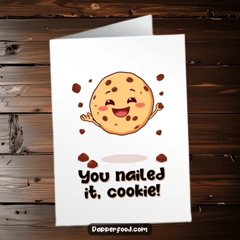 Funny Free Printable Congratulations Card: A grinning cookie balancing and juggling chocolate chips, celebrating success, printable gift