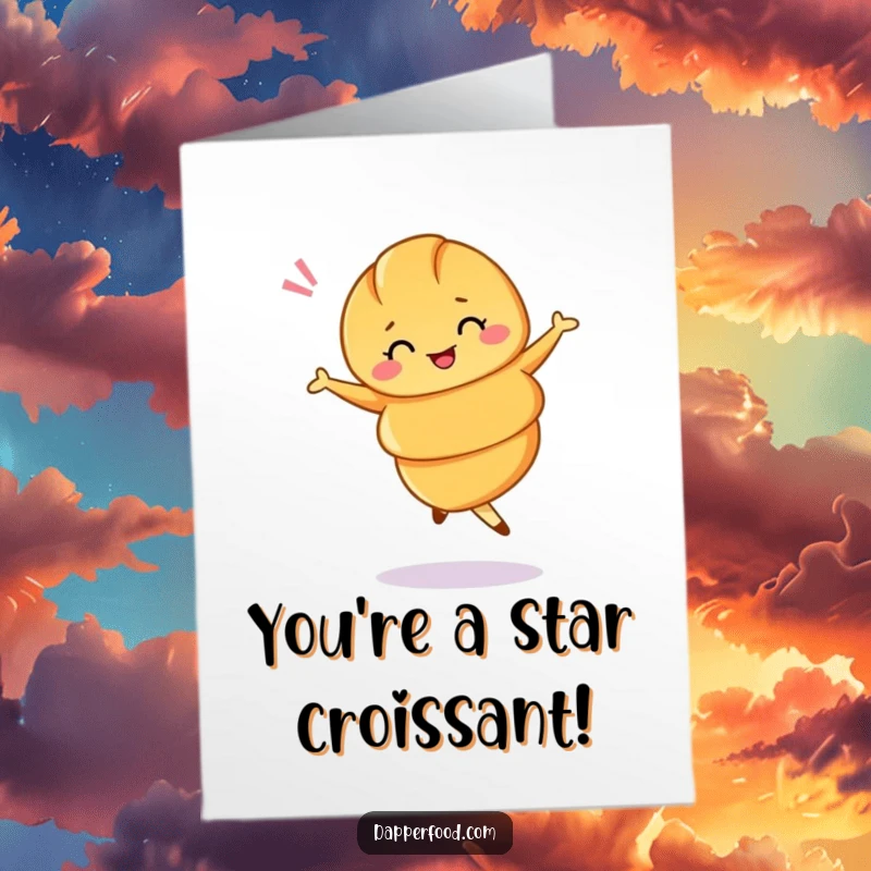 Funny Free Printable Congratulations Card: A playful croissant winking while performing a ballet twirl.