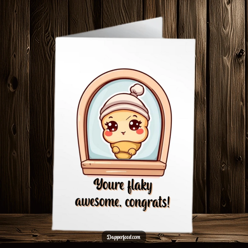Funny Free Printable Congratulations Card: A curious croissant with eyes and hat peeks from a bakery window, celebrating a win.
