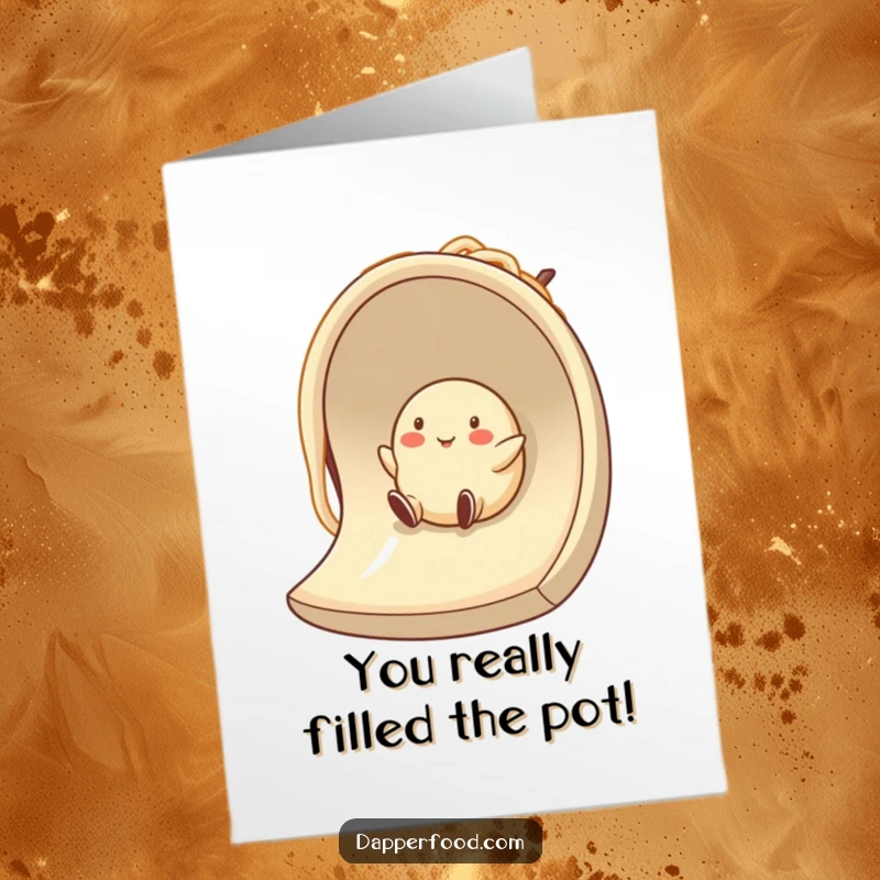 Funny Free Printable Dumpling Congratulations Card: A smiling dumpling character joyfully sliding down a giant noodle slide, celebrating a big achievement.