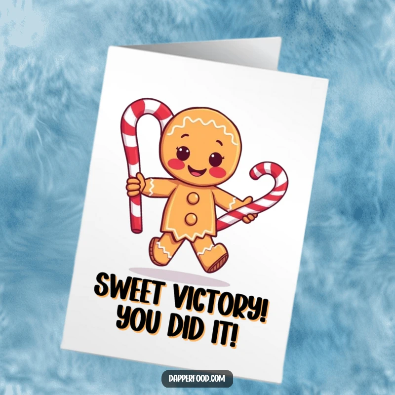 Funny free printable congratulations card showing a gingerbread man with arms running with a giant candy cane, celebrating success.