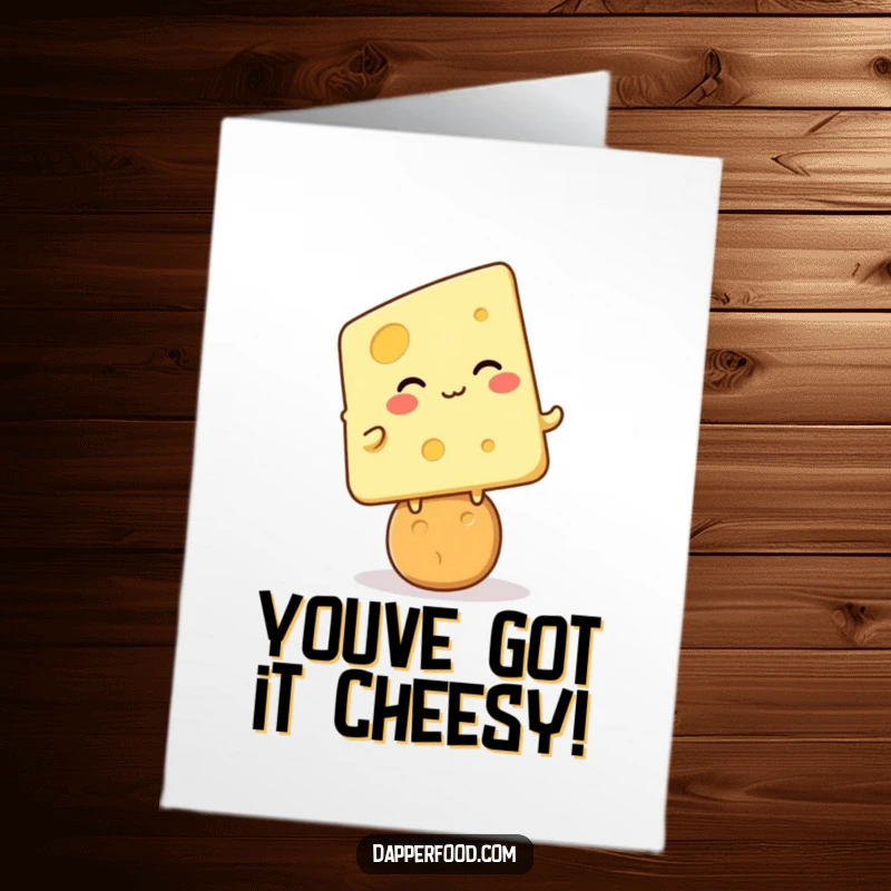 Funny Free Printable Congratulations Card: A joyous Kawaii cheese slice giggling while perfectly balanced on a cracker. Downloadable art.